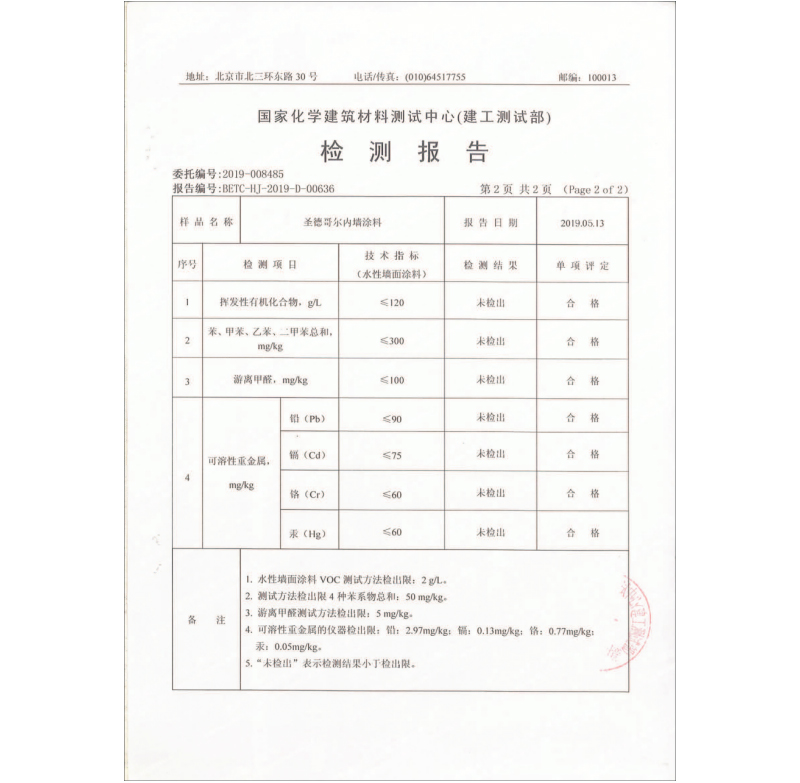 圣德哥尔内墙涂料检测报告